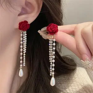 Flocked Camellia Pearl Tassel Earrings DDES0708 Vintage Wine Red Light Luxury Super Fairy Earrings 14K Gold-Plated