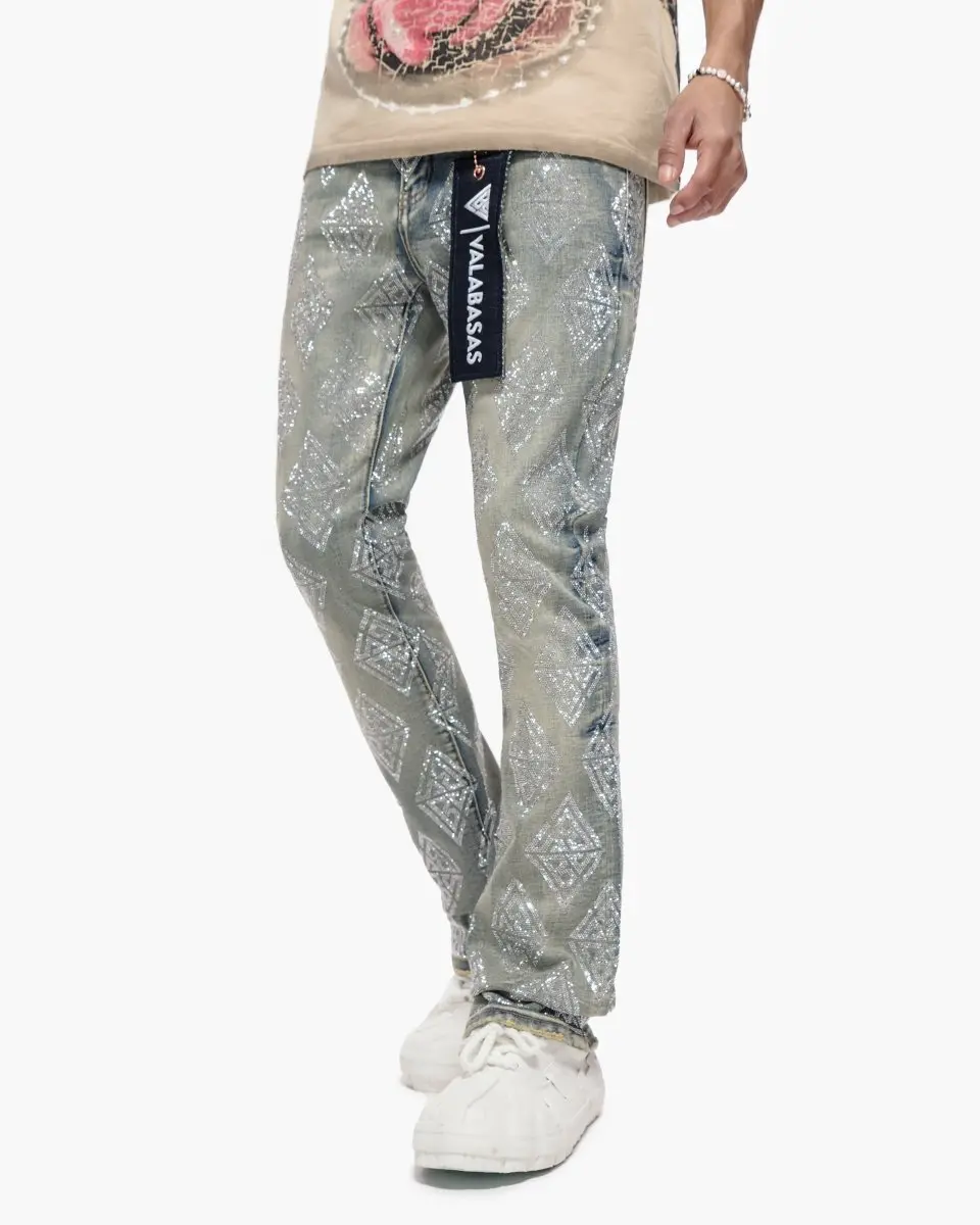 Women's Stacked Flare Jeans, Slim Fit Geometric Diamond Print, 5-Pocket Cotton Stretch Fabric, Natural Stacking, Glossy Shimmer Finish, Spandex, Soft, Bottom, 5‑Pocket Structure