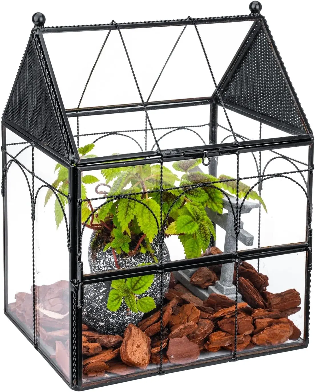 Vented Glass Spider Terrarium - 8in x 6in x 5in House-Shape Pet Enclosure for Small Spiders, Mantis - Black Tabletop Home Decor (Coffee Table, Office Desk, Window Use) (Terrarium Only)