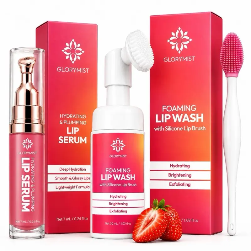 Complete Lip Care Kit for Dry, Dark & Chapped Lips | Daily 3-Step Care | World's First Foaming Lip Wash with Hydrating Lip Serum & Silicone Brush | Cleanses, Exfoliates & Hydrates | Strawberry Scent