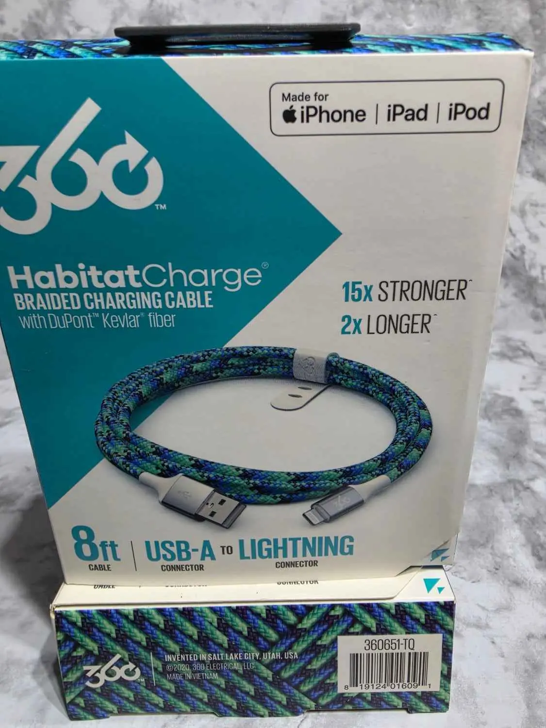 360 Electrical HabitatCharge 8ft Braided USB-A to Lightning Cable - 15x Stronger, 2x Longer Electronic Mobile Device Charging & Sync Cable (Color Options Available)