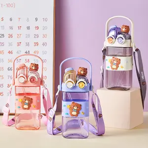 Cartoon pattern children's drinking cup 1 large capacity water bottle two drinking methods home office school drinking cup with straw lanyard children's gift Cute Tumbler