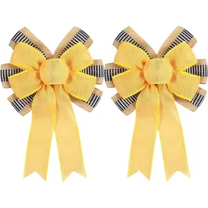 2 PCS Spring Summer Wreath Bow Decor Decorative Bow with Yellow Burlap and Black White Stripe Ribbon for Holiday Tree Topper Home Front Door Outdoor