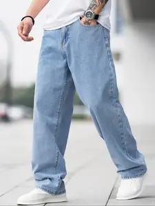 Men's Solid Color Wide Leg Jeans, Loose Casual Comfy Denim Trousers for Daily Wear, Fashion Men's Bottoms for All Seasons