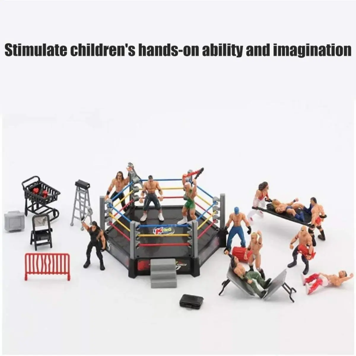 32-Piece Kids Hexagonal Wrestling Ring Playset - Nitrosamine Free Viral FYP Battle Toy Kit with 12 Super Wrestler Figurines, 20 Accessories, Pretend Play Gift for 12+ Boys to Boost Hands-On Skills, Logical Thinking (Birthday, Christmas Rewards)