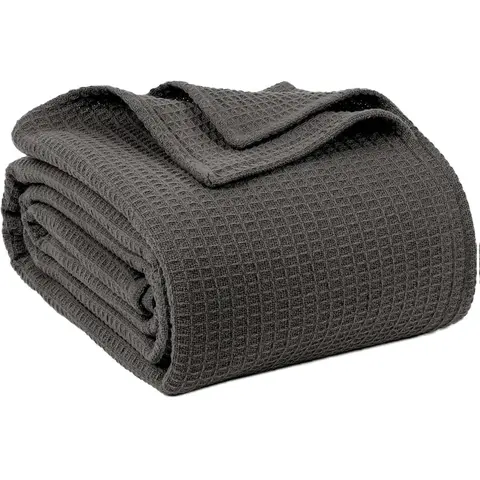 100% Cotton Blankets Queen Size for Bed - Waffle Weave Blankets for Summer, Lightweight and Breathable Soft Woven Blanket for Spring, (Dark Grey, Queen (90" x 90"))