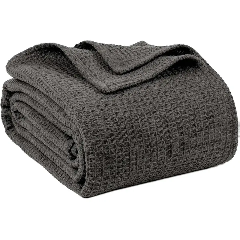 100% Cotton Blankets Queen Size for Bed - Waffle Weave Blankets for Summer, Lightweight and Breathable Soft Woven Blanket for Spring, (Dark Grey, Queen (90" x 90"))