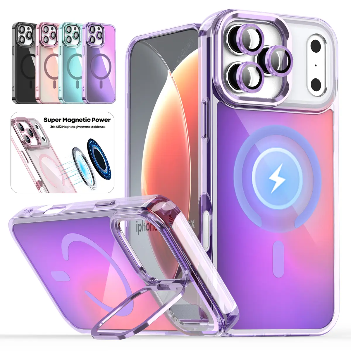 Oceantree MagSafe Smartphone Case for iPhone 17/16/15/14/13 Pro Max - Gradient Laser, Translucent Matte, Magnetic Camera Stand, Aluminium Shockproof Protection, Glass Lens Cover, Wireless Charging Compatible (Handheld Holder, Anniversary/MothersDay Gift)