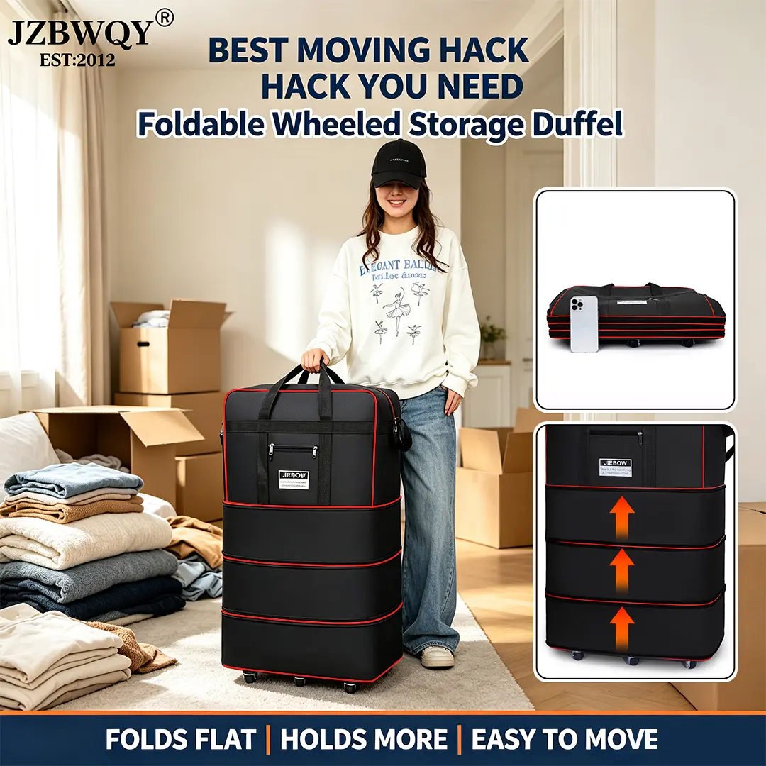 JZBWQY 100L Expandable Foldable Lightweight Rolling Garment Duffle Bag - 360° Universal Wheels, Carry On Luggage, Personal Item Luggage, Travel Bag for International Travel & Weekend Getaways, 4 Wheels 360 Rotation, Spacesaving Fold