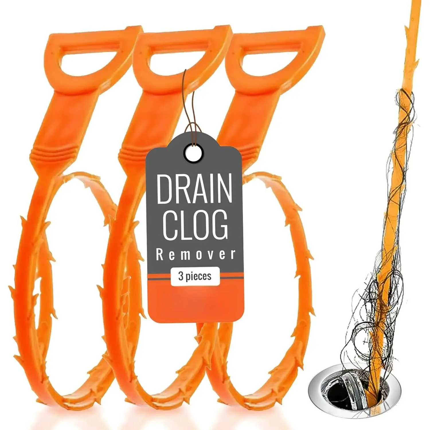 Snake Drain Hair Clog Remover Tool Set, 3 count (50cm/19.7 Inches) - Drain Cleaner for Sink, Shower, Tub, Bathroom, Kitchen, Toilet, Sewer Pipes - Hair Catcher and Drain Auger