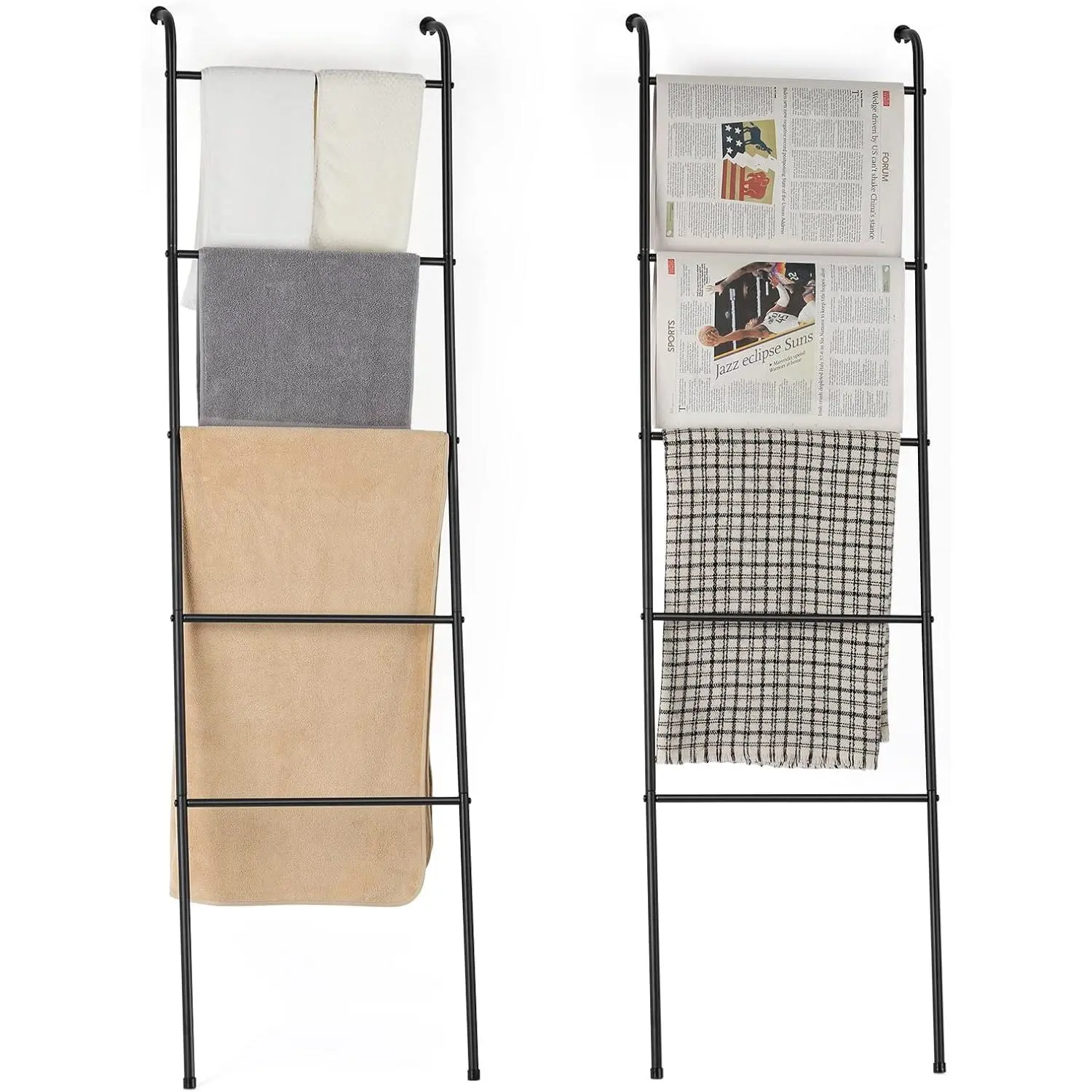 2Pcs Rustic Black Metal Freestanding Ladder Towel Rack, Bathroom Storage Organizer for Towels/Blankets/Magazines, Space-Saving Multi-Use Rubber Set