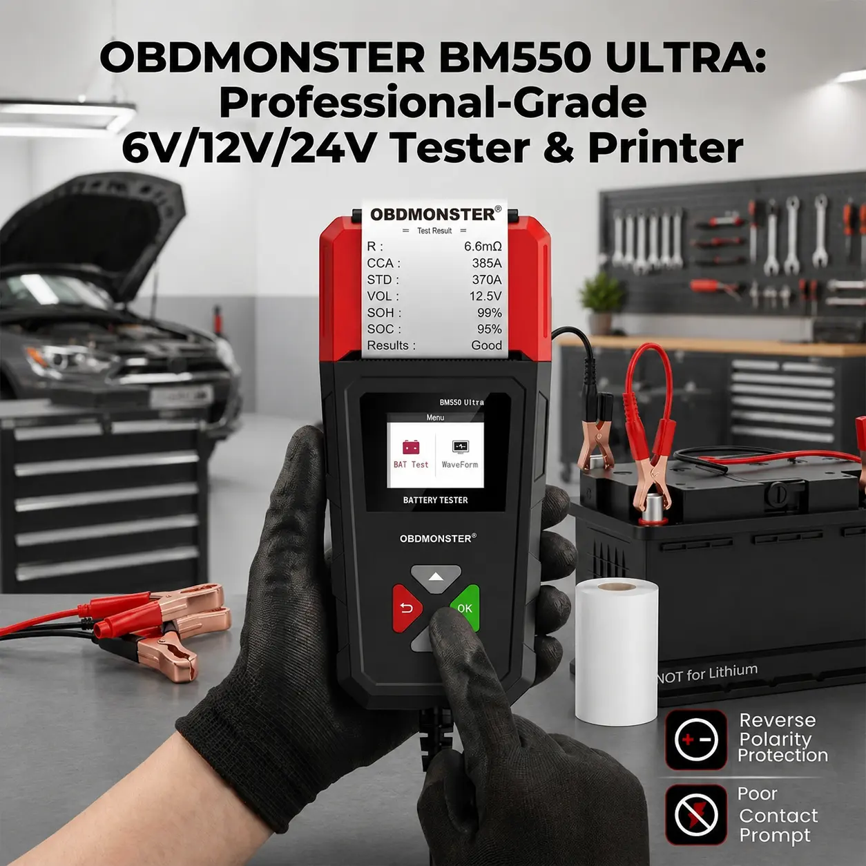 OBDMONSTER BM550 Ultra Car Battery Tester with ABS Clamps, 1.8-Inch HD Color Display Screen, Built-In Thermal Printer, 6V/12V/24V Systems Professional Automotive Alternator Cranking Charging Analyzer for Cars, Trucks, Motorcycles