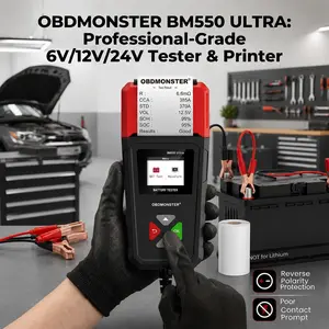 OBDMONSTER BM550 Ultra Car Battery Tester with ABS Clamps, 1.8-Inch HD Color Display Screen, Built-In Thermal Printer, 6V/12V/24V Systems Professional Automotive Alternator Cranking Charging Analyzer for Cars, Trucks, Motorcycles