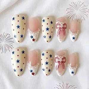 milo.nail&care Pearl Ribbon 4th Of July Press-On Nails, Red Blue Star Pattern Design, Glossy French Tip Bow Details, Cute Patriotic Almond Handmade Holiday Nail Set