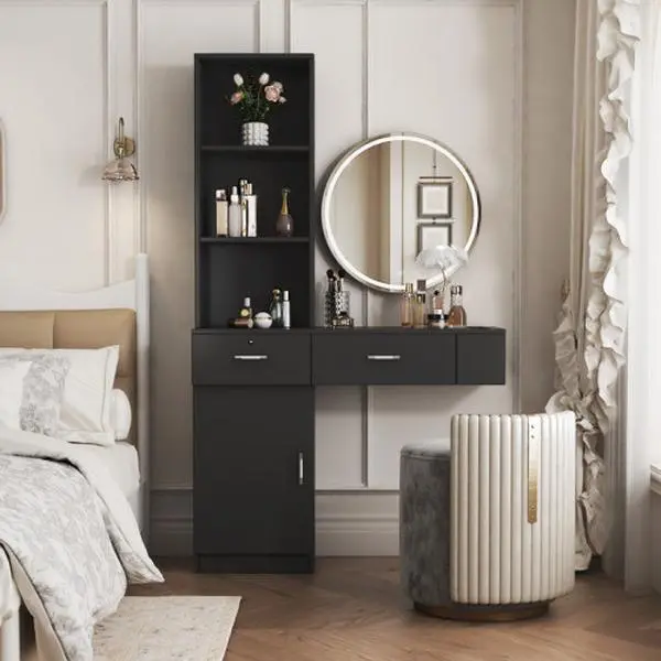 [Bellemave]Black modern simple hair desk, multi-layer storage, large storage space