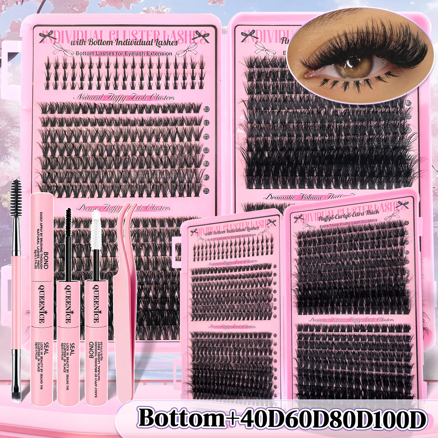 Lash Clusters, Individual Spiky and Bottom Lashes, 30D40D50D60D80D100D Mixed Style Volume Eyelash Clusters with Glue, Tweezers and Brush, D Curl 3D Individual Wispy Eyelash, Fluffy Manga Eyelashes, Fluffy False Eyelashes, Dense Thickened Lash
