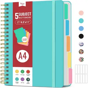 Hardcover Spiral Journal Notebooks for Work With Removable Dividers & Tabs, 8.5"x11" 5 Subject Notebook for Note Taking & Organizer, A4 College Ruled Lined Journal for Women & Writing, Aquamarine, 280 Pages