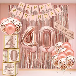 40th Birthday Decorations Women, Happy 40th Birthday Banner, Balloon Box, Sash And Number Balloon, Rose Gold 40 Birthday Party Decorations
