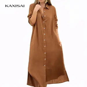 Women's Casual Dresses, Cotton-Linen Shirt Dresses, Fashionable Casual Long-Sleeve Cardigan Dresses Basic Minimalist