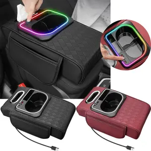 Car Center Console Cover With RGB LED Light, Leather Vehicle Armrest Cushion with Storage Bags, Cup Holder ＆ Tissue Box, Waterproof Auto Interior Arm Rest Seat Box Pad, Universal Fit (Black)