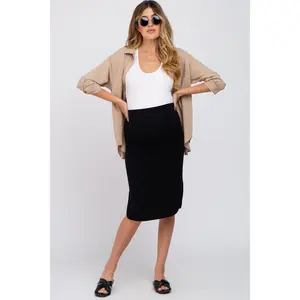 Black Ruched Slit Maternity Skirt