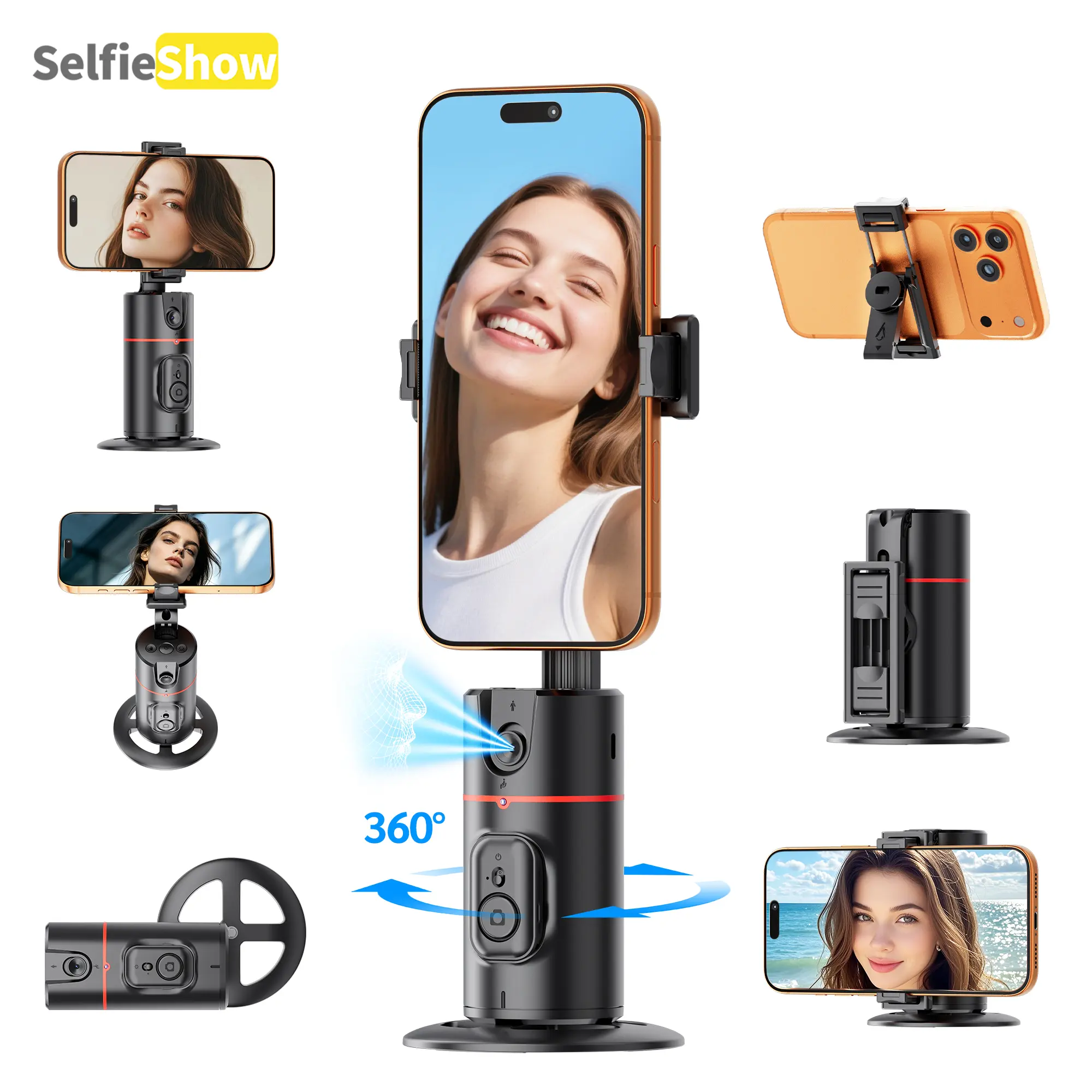 360° AI Face Tracking Phone Holder with Gesture Control, Detachable Smart Tracker Mount 1/4 Thread Compatible for Cooking Vlogs & Solo TikTokers