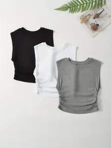 Women's Thin Soft Solid Color Ruched Crop Tank Top Fit, Summer Clothes Women, Classy Elegant Casual Basic Minimalist Style Sleeveless Round Neck Design Top for Summer, Tank Tops for Women, Chic Womenswear, Summer Tops