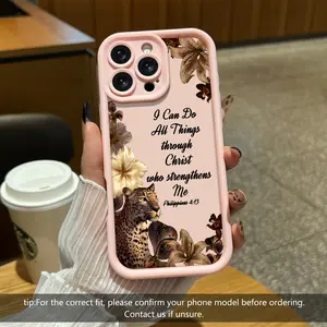 Vintage Floral And Leopard Aesthetics Lanyard Phone Case Christian Philippians 4:13 for iPhone 17Pro Max Air 16Plus 15 14 13 12 11 X cases, Soft TPU, Bumper Drop Protection, Rugged Durable Back Cover, Girly Design.JL70