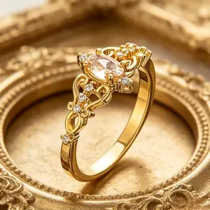 Vintage Style Golden-Tone Engagement Ring for Women, Sparkling Marquise-Cut Zirconia Statement Band, Elegant Filigree Promise Ring, Ideal Jewelry Gift for Valentine's Day, Parties & Special Occasions