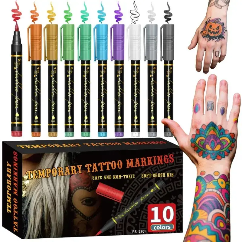 Temporary Tattoo Pen Set, Halloween Easy Tattoo Pens, Beginner Skin Painting Body Graffiti, Washable Drawing Markers, 1 Box 10 Colors