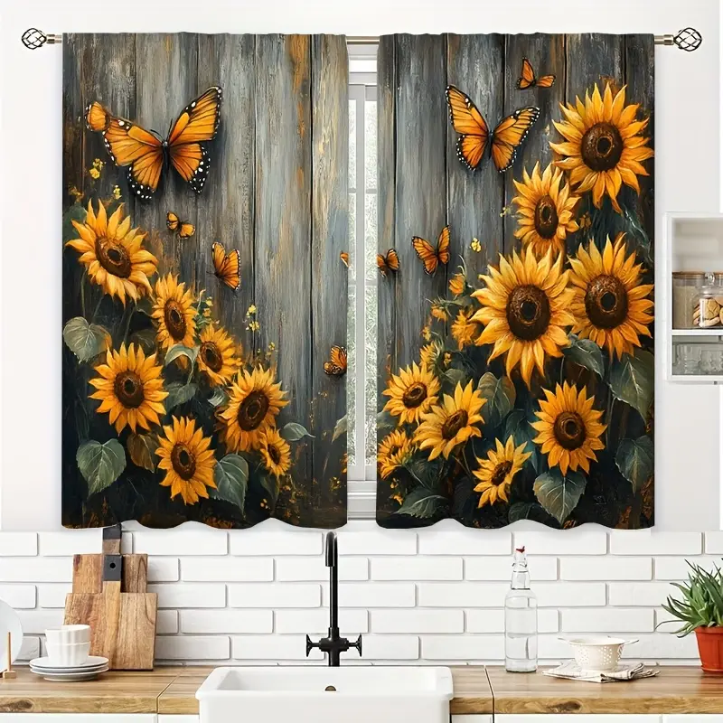 2pcs Rod Pocket Curtain Tiers with Hooks - Butterfly Print, Sunflower Theme, 39.9x27.5in Casual Decor Curtains, Animal-Inspired, No Excessive Ornate Details for Kitchen, Bathroom, Animals