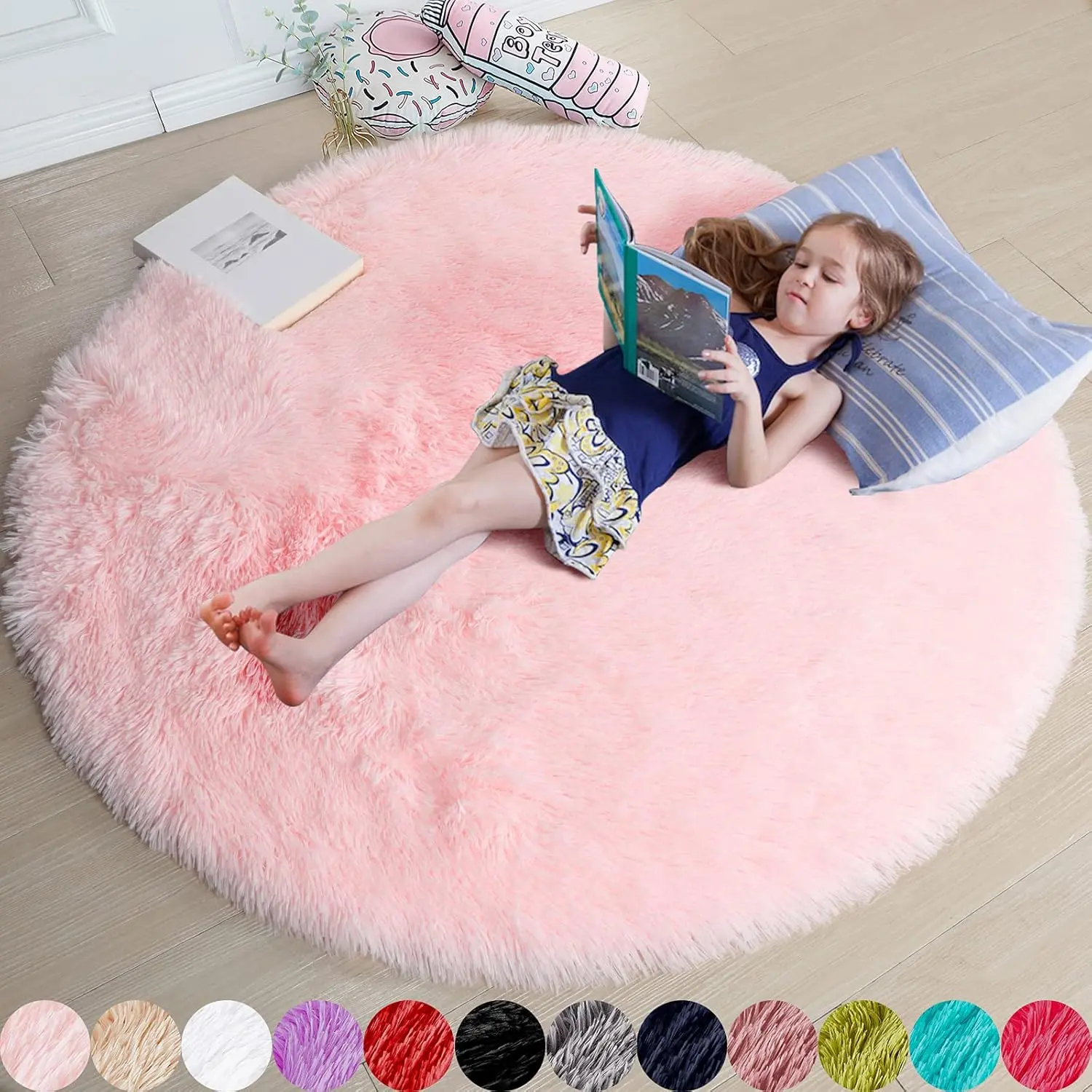 Amdrebio 4ft Non-Customised Tufted Pink Round Indoor Fluffy Polyester Fiber Rug - Fluffy Texture, Machine Washable Shag Carpet for Girls’ Kids’ Rooms, Versatile Decor Play Mat