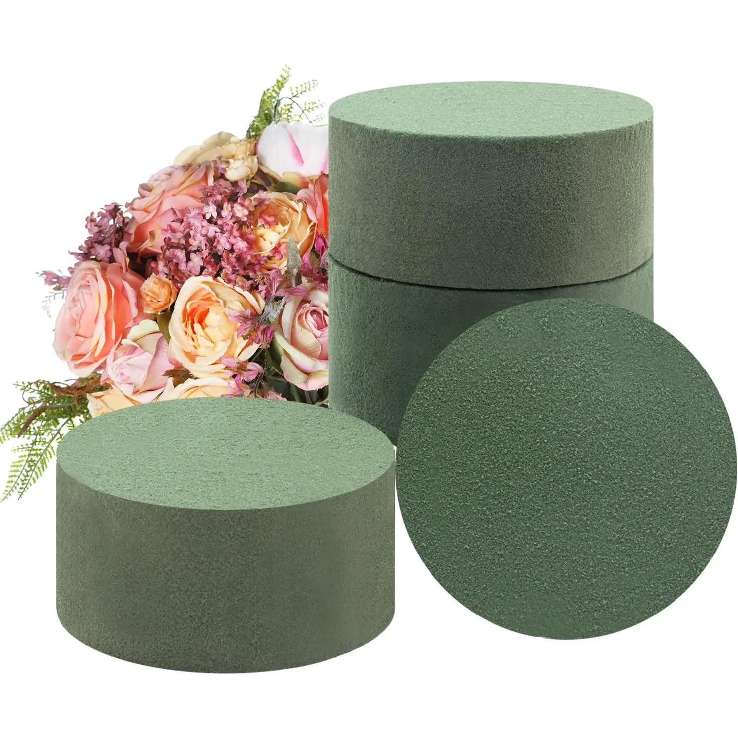 4-Pack Round Floral Foam Blocks - 3.15"x3.15"x1.57" Styrofoam Base, Wet/Dry Hold, Fresh+Artificial Use Home Decor Craft Supplies
