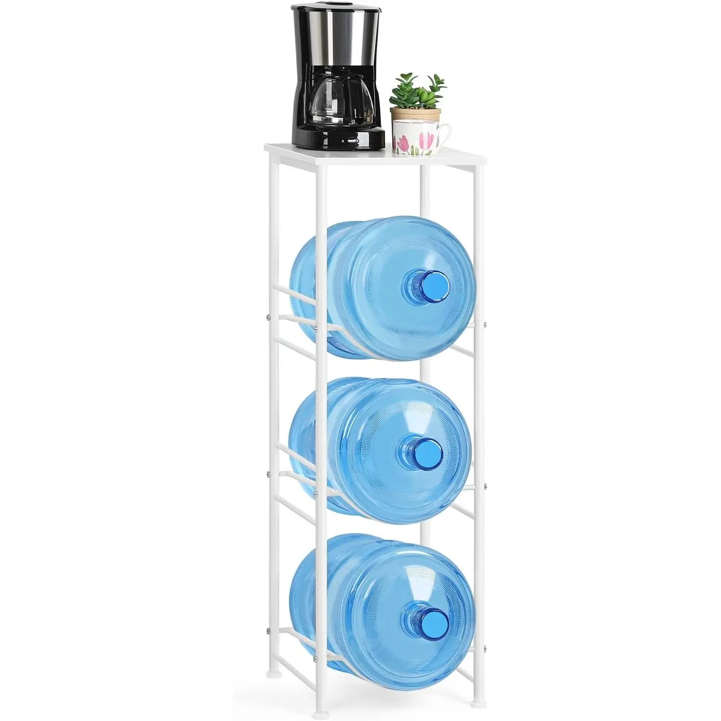 5 Gallon Water Bottle Jug Holder 3-Tier Water Bottle Holder Organizer with Top Shelf, Heavy Duty Water Dispenser Stand Rack for Kitchen Living Room Office, White