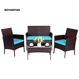 Home furniture Set of 4 Pieces Patio Furniture Rattan Conversation Sets Outdoor 700lbs Wicker Rattan Chairs with Soft Cushion and Tempered Glass Table for Garden,Backyard, Balcony,Porch Poolside Loveseat