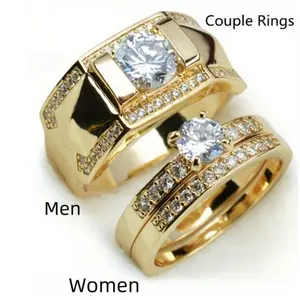 Classic gold plated couple ring set, Cubic Zirconia ring for women and engagement ring for men, wedding/engagement jewelry