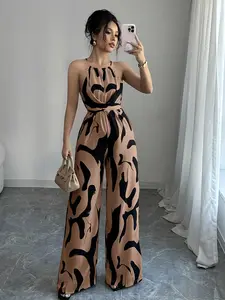 Women's Abstract Print Adjustable Tie Shoulder Jumpsuit, Casual Sleeveless Wide Leg Jumpsuit for Holiday Vacation Daily Wear, Ladies Clothes for All Seasons, Womenswear