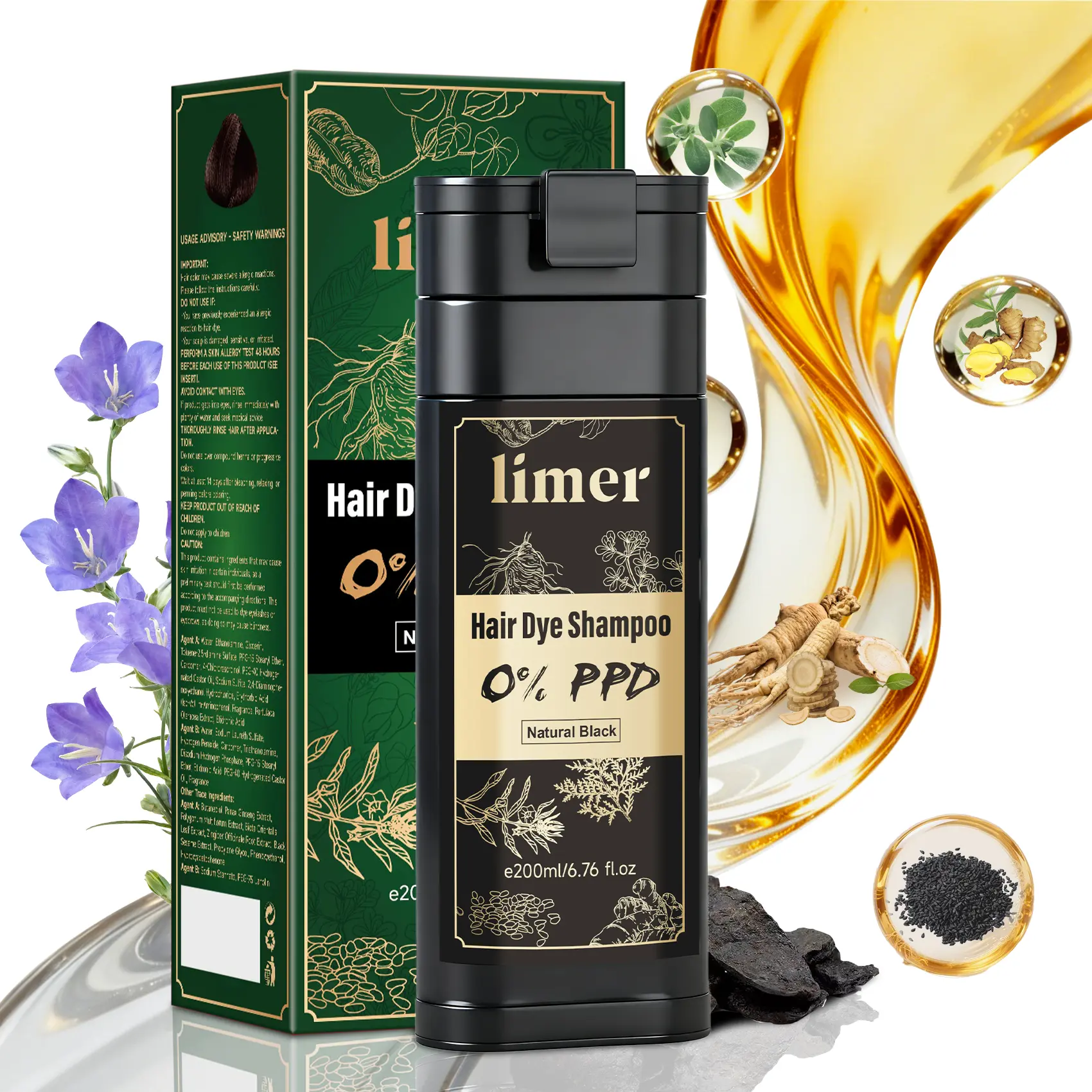 Limer Natural Black PPD-Free Hair Dye Shampoo, Ammonia-Free, Gray Coverage, Herbal Ingredients, Natural Hair Health, Easy Application