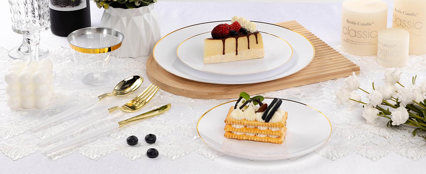 50 PCS Pink Gold Plastic Plates, Pink Disposable Plates for Party, Plastic Dinner Plates for Party, Graduation, Wedding