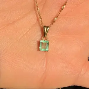 Colombian Emerald Pendant Necklace, 18K Gold Plated Silver, Emerald Cut Emeral