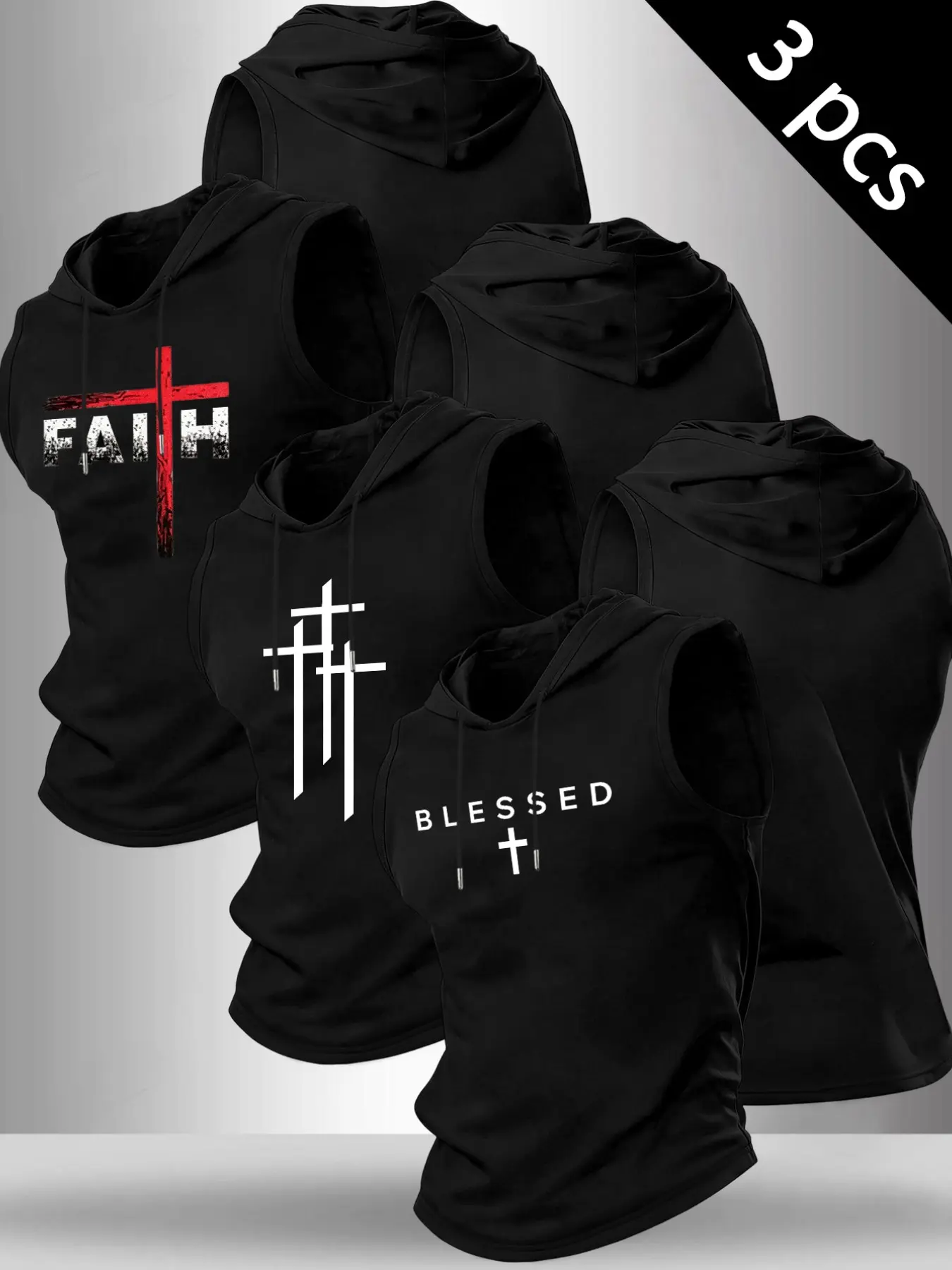 Men's 3-Pack Faith Blessed Cross Graphic Sleeveless Hoodies, Religious Themed Print Athletic Tank Tops, Gym Workout Streetwear Outfits, Casual Workout Tops, Gym Daily Wear