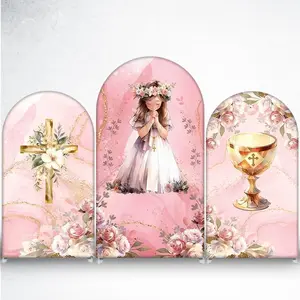 15-day Delivery15-day Delivery Pink Floral First Communion Arch Backdrop Cover with Cross and Chalice for Girl Ceremony