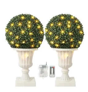 16” Artificial Plant Topiary Ball, Pre-Lit Artificial Topiary Plant with Lights, Timer and Remote Control, Artificial Outdoor Porch Trees with Light Base for Outdoor Indoor  Decor Decorative Antique Color