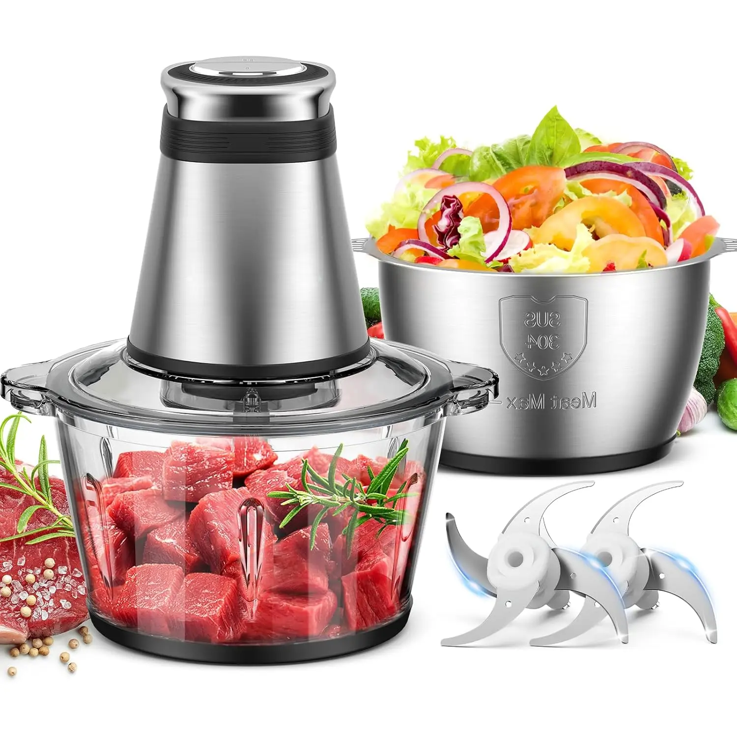 Processor, 500W Electric   with 2 Bowls (8 Cup+8 Cup) & 2 Bi-Level &, Small Electric  Meat Processor for Nuts, Meat, Onion, Garlic,  , Black