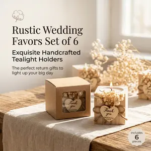 6-pack of rustic wooden tea candle holders, with gift box, dried flower decorations, perfect for wedding party favors and thank-you gifts.
