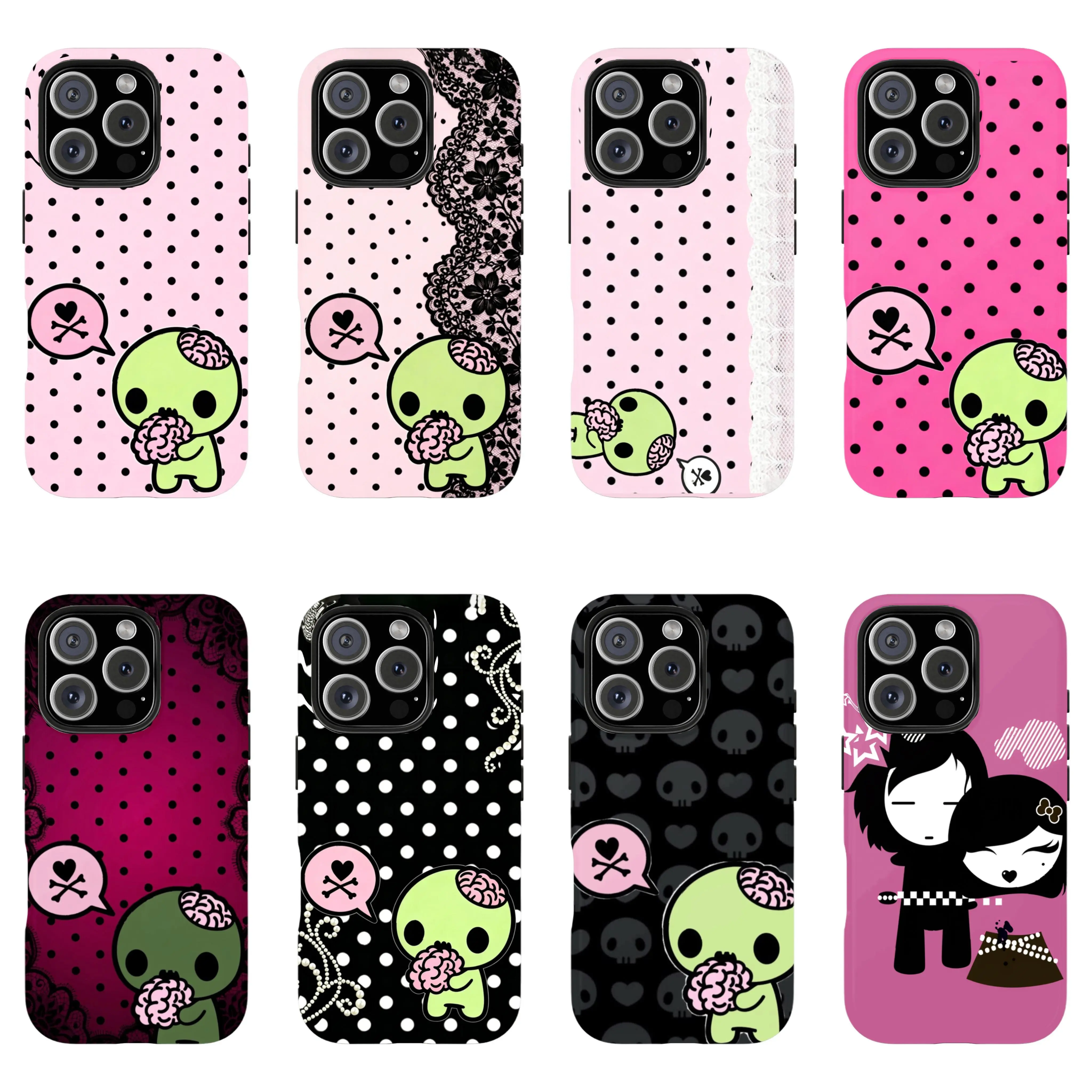 Y2k Kawaii Em0 Z0mb1e Phone Case Phone Case|Pink Black Polka Dot Skull Pattern Protective Cover For iPhone 11 12 13 14 15 16 17 Pro Max For Samsung S26 S25 S24 S23 S22-Gift Ideas For Her/Him
