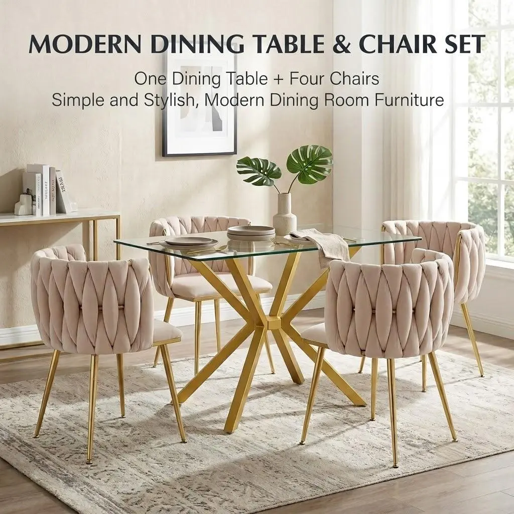 5-Piece Dining Table Set , 47.24" Modern Clear Tempered Glass Table & 4 Velvet Upholstered Chairs, Gold Metal Legs, Elegant Dining Room & Kitchen Furniture, Beige/Gold