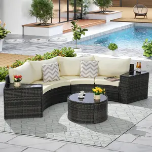 Outdoor Patio Furniture 7-Piece Half-Moon Sectional Round Patio Furniture Set Sofa with Tempered Glass Round Coffee Table
