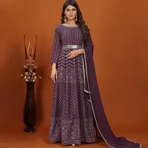 Wine Faux Georgette Designer Embroidery Work Anarkali Flared Gown With Dupatta - Ready To Wear - Fabric, Formal woman party