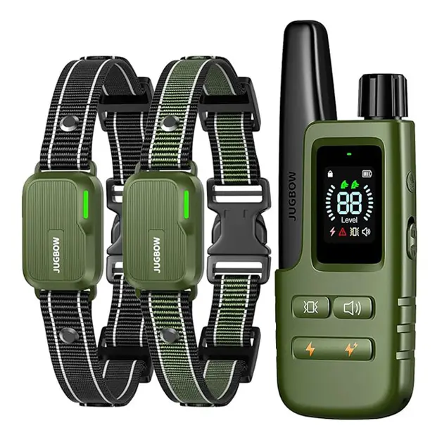 Jugbow Dual Pack Rechargeable Dog Collars (Training Aid for 2 Dogs, 10-120 lbs) - 4200FT Remote Control, 4 Modes, Security Lock, IPX7 Waterproof, Soft Nylon E-Collar, Puppy Training Tools, Memory Function, 35 Days Standby